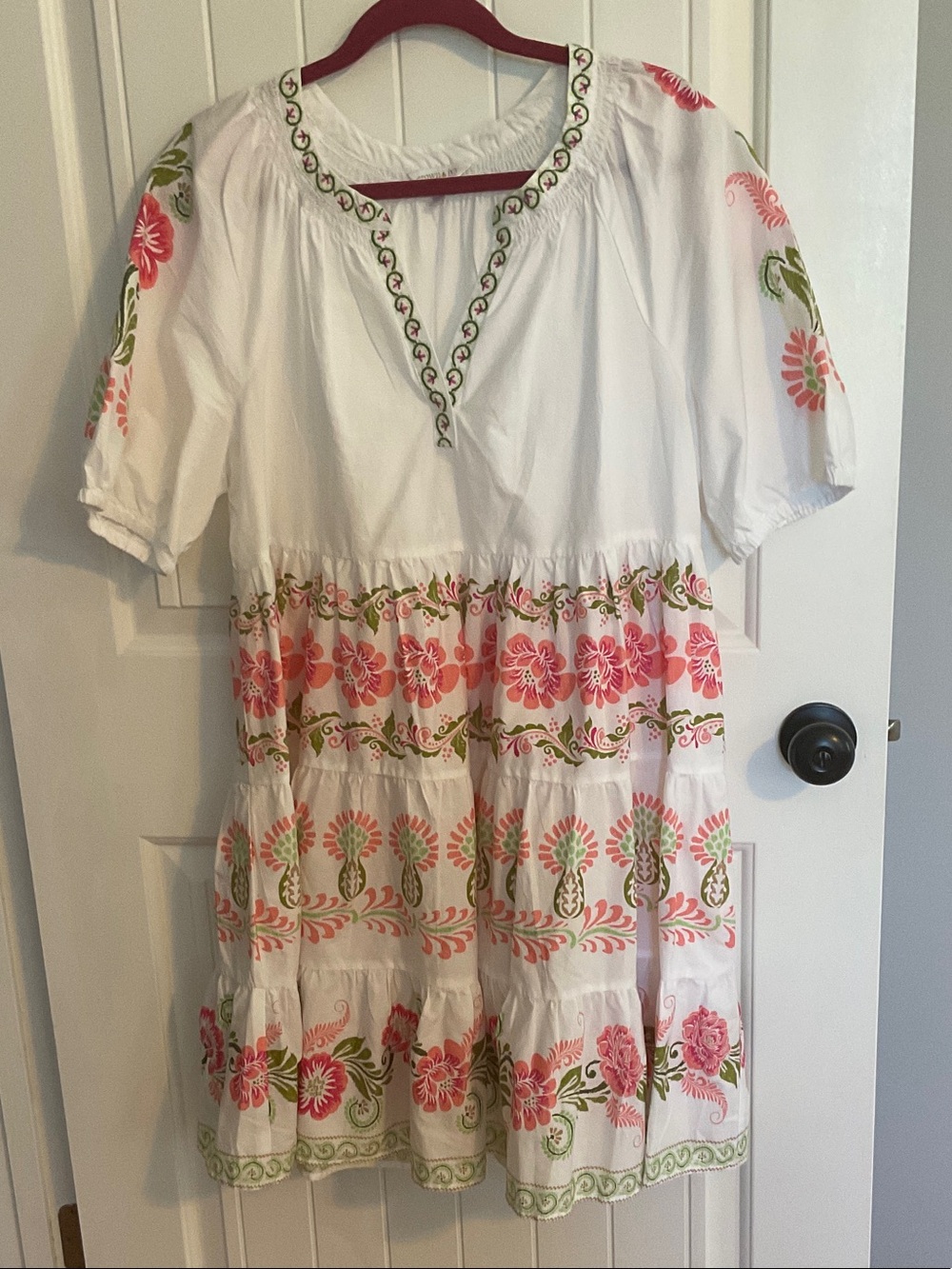 crown & ivy White Floral Embroidered Peasant Dress with Pink and Green Accents